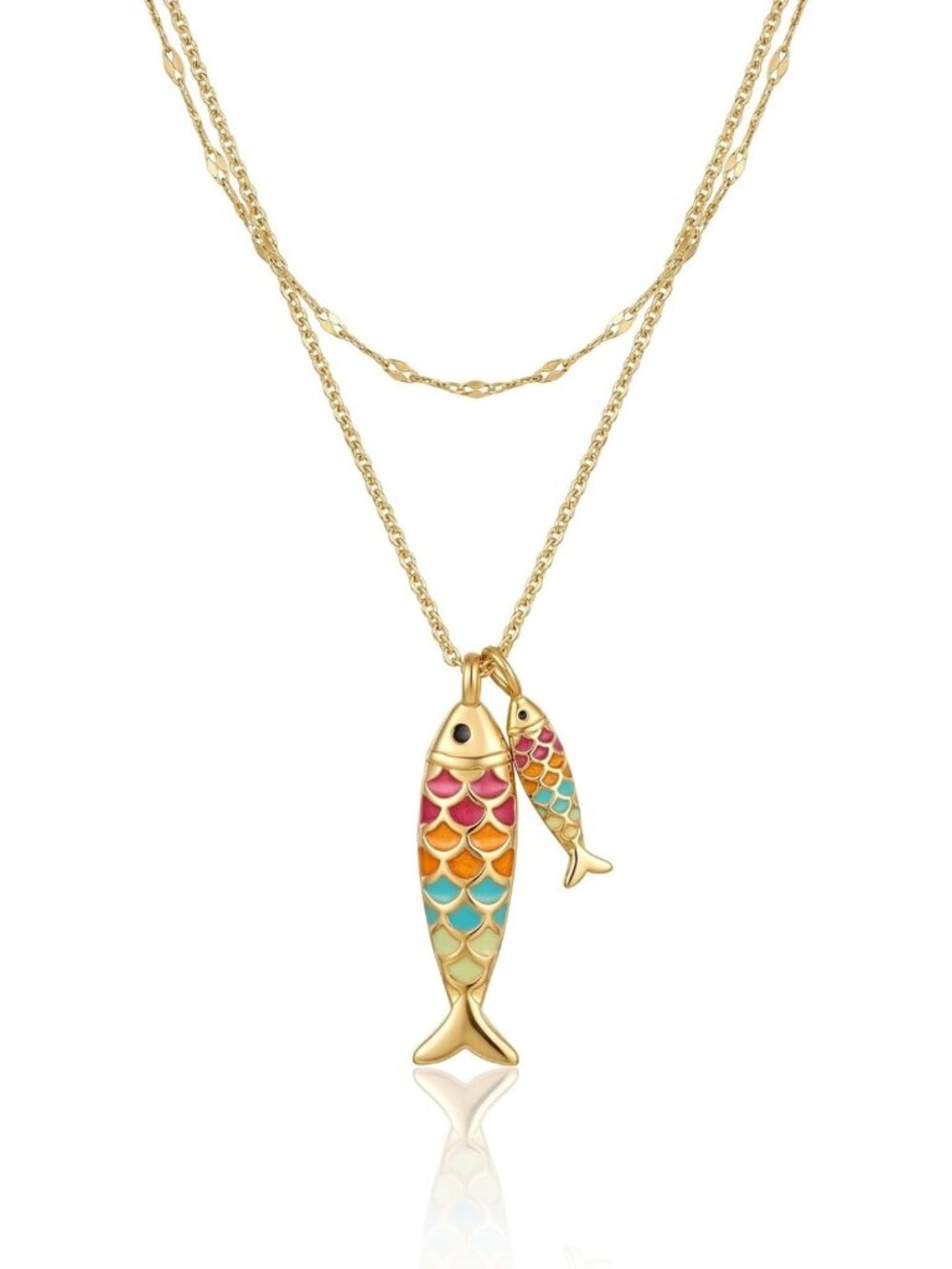 Boho Double Layer Fish Necklace for Women - 18K Enamel Ocean Jewelry